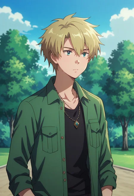 score_9, score_8_up, score_7_up, source_anime, highly detailed,
yamatri, 1boy, outdoors, tree, male focus, jewelry, necklace, day, sky, shirt,blonde hair,
jacket, open clothes, cloud, green jacket, open jacket, standing, pocket, blue sky, upper body, black shirt,