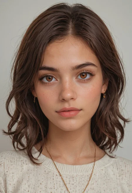 Portrait of A young woman wearing a white sweater, beautiful Latino features, dark brown hair hanging past her shoulders, round brown eyes betraying an old soul,  zPDXL2  PnyCmicXLPOS  <lora:43stl1ght1ngXLP2:0.5>, score_9, score_8_up, score_7_up, BREAK