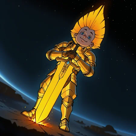 <lora:Neznajka:1.0>, 1 boy, solo, rich colors, badass boy, <lora:princess_xl_v2:0.6>, Neznajka, <lora:aidmaMJ6.1_v0.5_IL:0.6>, strong, paladin armor, blue eyes, , (young:0.9), detailed backgroung,paladin,dark fantasy, dynamic, best quality, amazing quality, very aesthetic, absurdres, newest, depth of field, separate focus, dynamic angle, dynamic composition, masterpiece, highres, 4k, intricate details,three quarter view, face focus, powerful, paladin clothes, holy, smug, holy magic, holy armor, full body, glowing red armor, holy sword, holy shield, holy aura, arrogant look, sword close to viewer, sword on foreground, dark, night, pitch darkness, SPACE, STARS