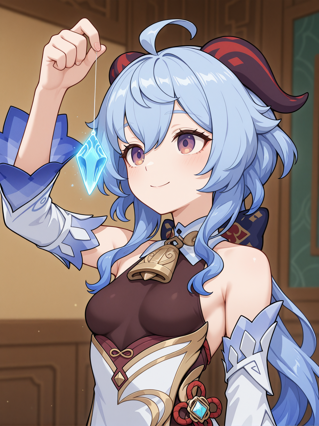 masterpiece, best quality, amazing quality, very aesthetic, absurdres,  newest, , 1girl, standing, ganyu \(genshin impact\), upper body, smile, small breasts, arm up,  holding, 
 <lora:Crystal_on_string_v2_il:0.8> crystal on string