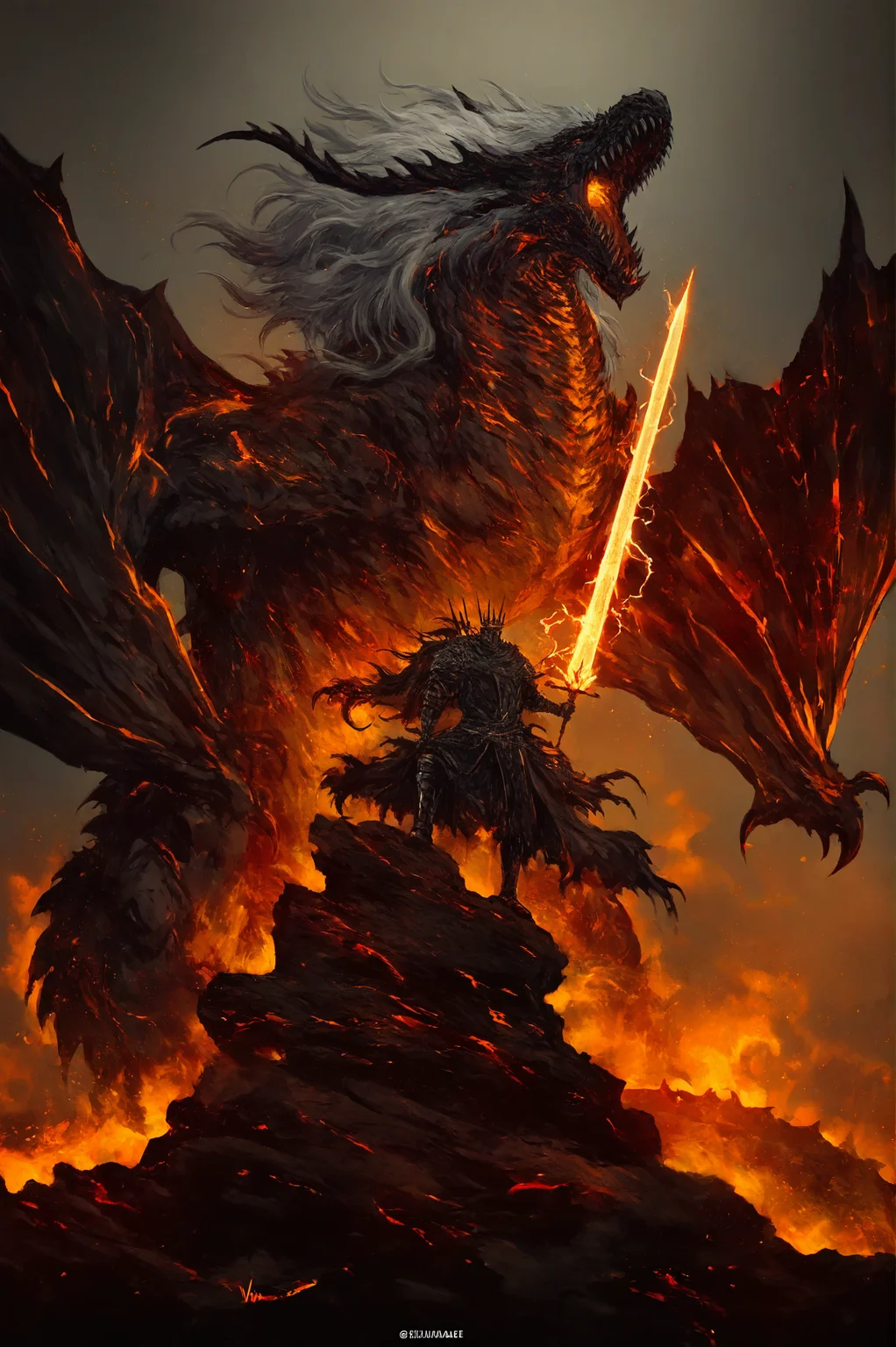 shimhaq,k-suwabe,miso_katsu,kalmahul
dark souls \(series\)
1boy, big hair, crown, dragon, electricity, fire, greatsword, grey background, holding, holding sword, holding weapon, horns, long hair, male focus, riding dragon, sharp teeth, standing, sword, teeth, weapon, white hair, wings, wyvern
,year 2024,year 2022,masterpiece,best quality,absurdres,very aesthetic,very awa