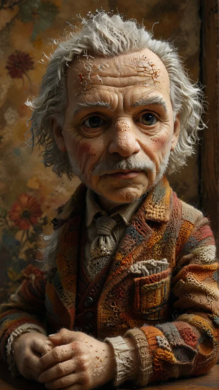 A crafted hand-crocheted doll of Albert Einstein, complete with his iconic features, exudes charm and attention to detail against a cozy vintage backdrop 
award winning artwork,
many details, extreme detailed, full of details,
Wide range of colors., Dramatic,Dynamic,Cinematic,Sharp details
Insane quality. Insane resolution. Insane details. Masterpiece. 32k resolution.
 <lora:add-detail-xl:0.65> <lora:casting shadow style v2:0.1> casting shadow style, cucoloris patterned illumination <lora:CinematicStyle_v1:0.1> <lora:Disturbia:0.15> <lora:dvr-lnds-sdxl:0.1> dvr-lnds-sdxl <lora:MJ52:0.2> <lora:princess_xl_v2:0.1>  <lora:ral-dissolve:0.1> ral-dissolve <lora:ral-ertmsphr:0.1> ral-ertmsphr  <lora:ral-porcelain:0.3> ral-porcelain <lora:ral-pxlprtcl:0.31> ral-pxlprtcl  <lora:xl_more_art-full_v1:0.5>