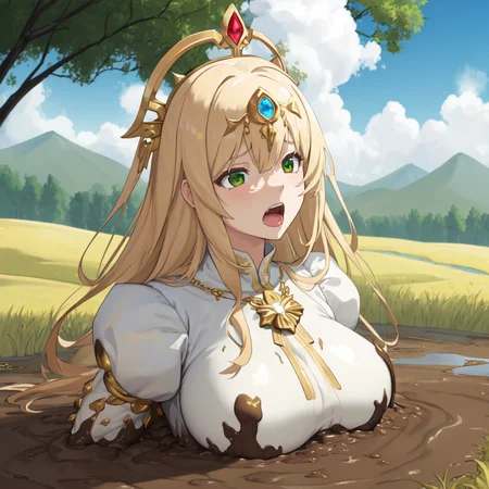 masterpiece, best quality, digital art, deviantart, 1girl, golden hair, large breasts, white dress, gold ornaments, priestess, green grass, hills in the distance, trees, flowers, blue sky, partially submerged, brown mud, mud bog, sticky mud, scared, worried, screaming, close up, upper body shot