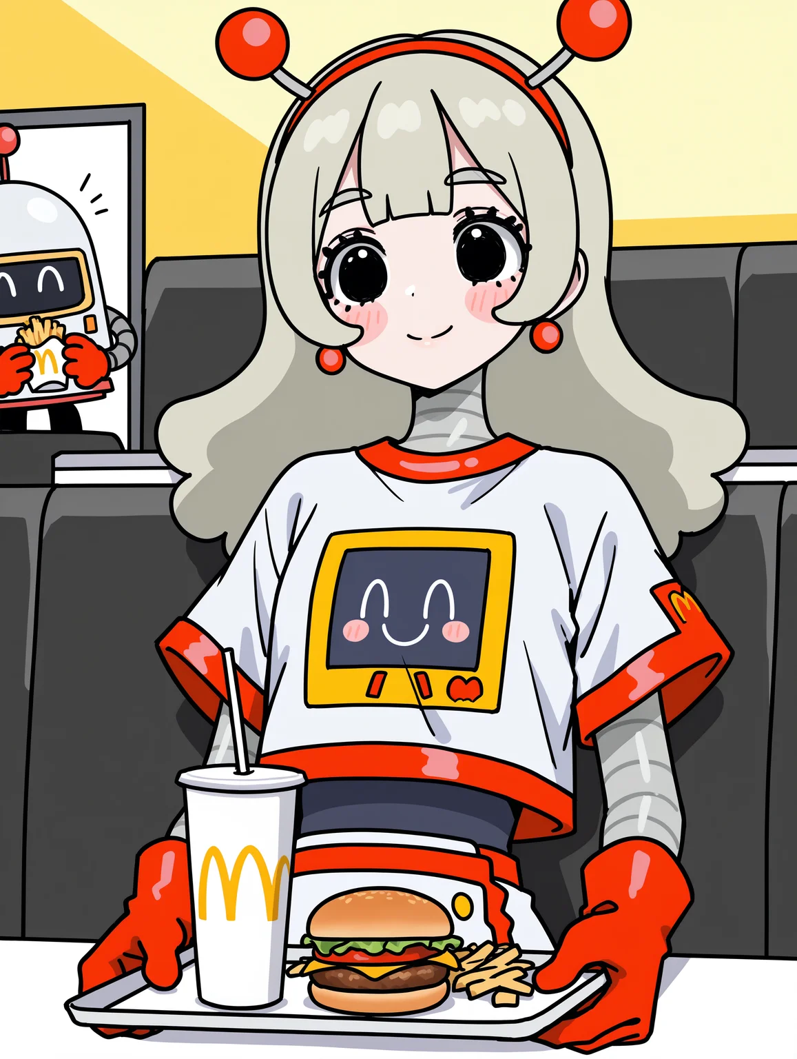(masterpiece, best quality:1.2), amazing quality, very aesthetic, absurdres, perfect detail,
mcdonald's, table, upper body,
mcrobot, holding tray, burger, drinking straw, french fries, smile, blush stickers,
mcsetsuko, android, red_hairband, antennae, earrings, jewelry, white_shirt, print_shirt, short_sleeves, crop_top, white_skirt, red_trim, red_gloves,
<lora:XL_Ill_mcdo-set500-t1:0.9>