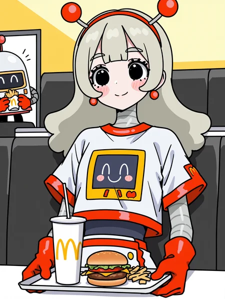 (masterpiece, best quality:1.2), amazing quality, very aesthetic, absurdres, perfect detail,
mcdonald's, table, upper body,
mcrobot, holding tray, burger, drinking straw, french fries, smile, blush stickers,
mcsetsuko, android, red_hairband, antennae, earrings, jewelry, white_shirt, print_shirt, short_sleeves, crop_top, white_skirt, red_trim, red_gloves,
<lora:XL_Ill_mcdo-set500-t1:0.9>