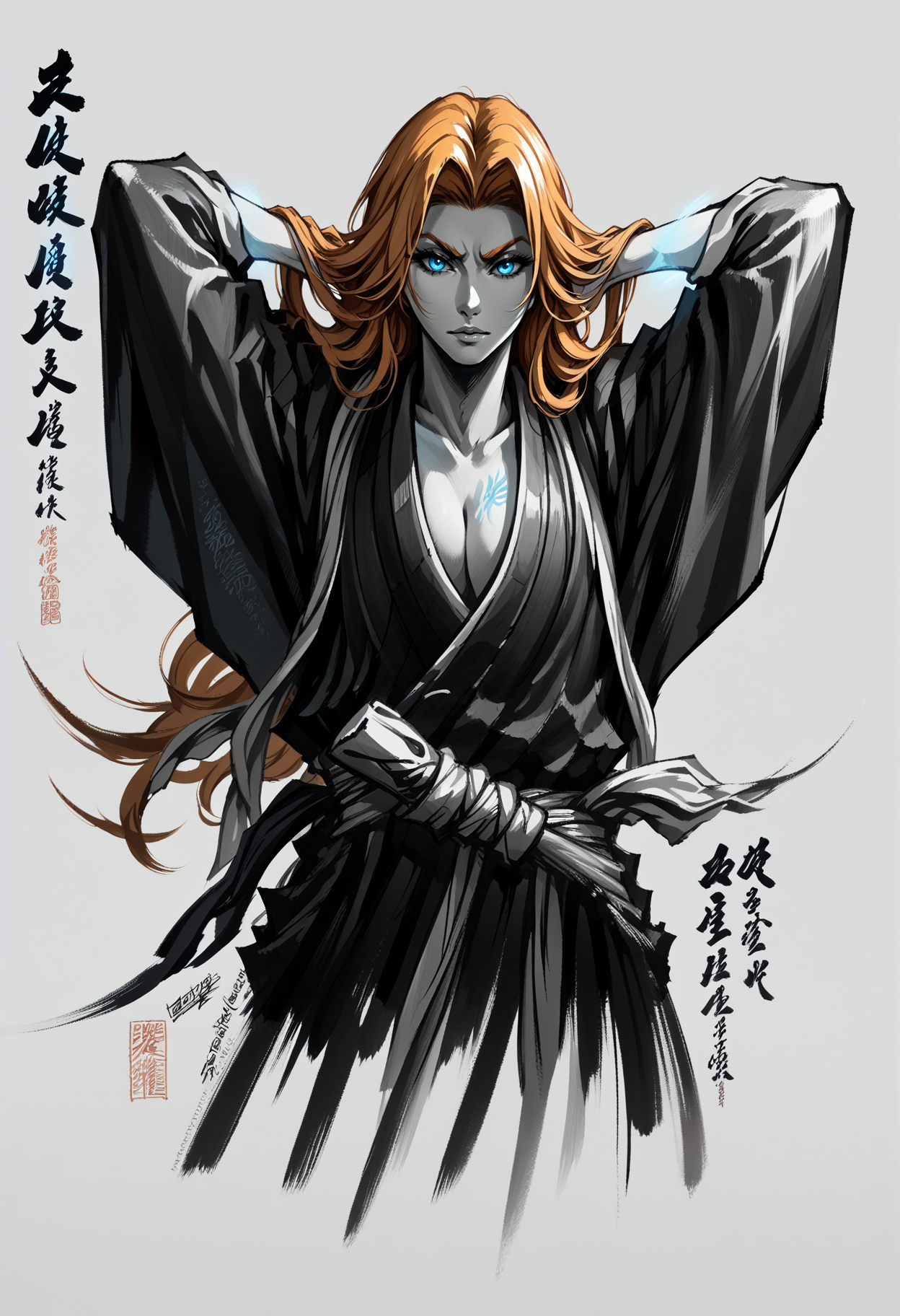 score_9, score_8_up, score_7_up, score_9, <lora:cllgrphy_pdxl_EliPot:1>, monochrome, japanese text, <lora:EPblMatsumoto:1> epblmatsumoto, japanese clothes, orange hair, blue glowing eyes, arms behind head,