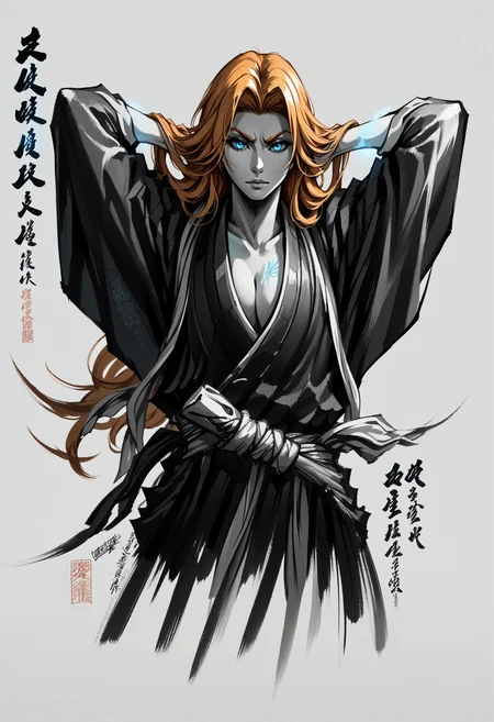 score_9, score_8_up, score_7_up, score_9, <lora:cllgrphy_pdxl_EliPot:1>, monochrome, japanese text, <lora:EPblMatsumoto:1> epblmatsumoto, japanese clothes, orange hair, blue glowing eyes, arms behind head,