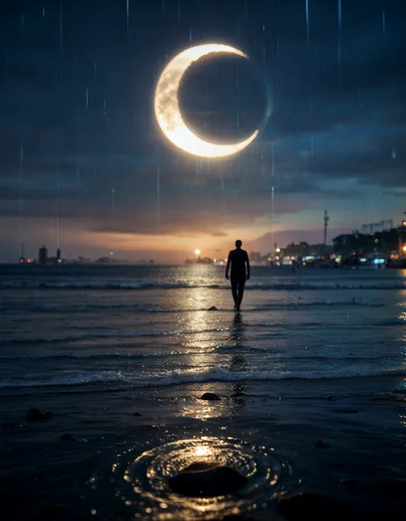 (real life, score_7_up, score_8_up, score_9_up, detailed beautiful landscape, bloom, volumetric lighting, <lora:Blue_Scene:0.78> bluescene, rain, wet, night, silhouette, ocean, crescent moon, depth of field,