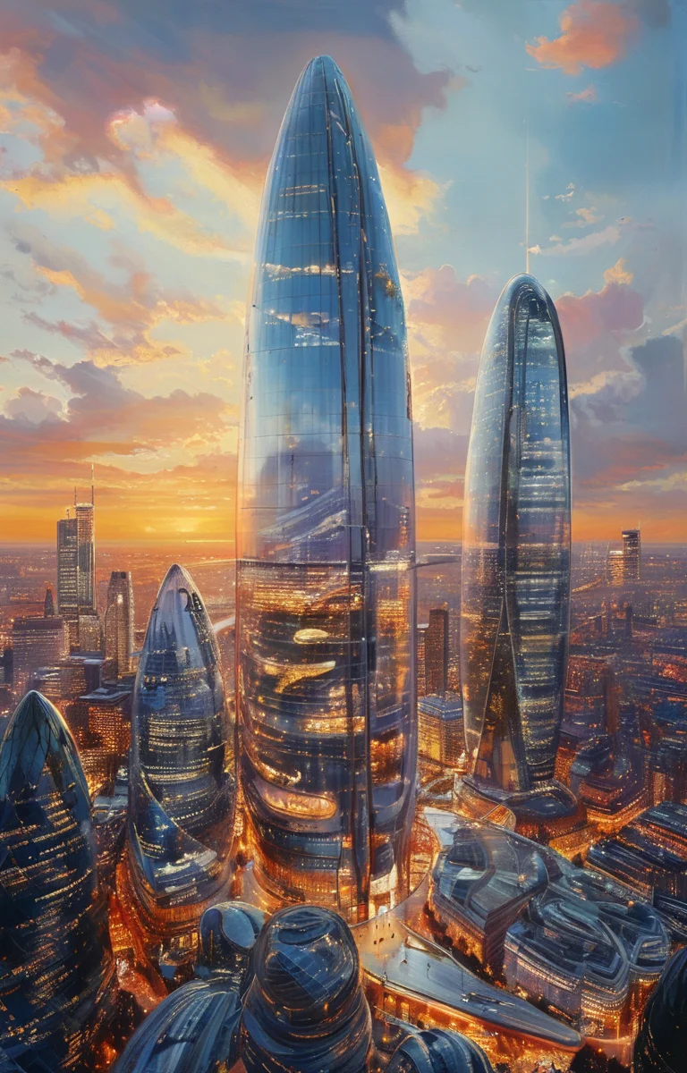 masterpiece,best quality,<lora:tbh304-sdxl:0.9>,illustration,designed by Norman Foster Futuristic skyscraper with organic shapes, inspired by Zaha Hadid, gleaming under a sunset sky