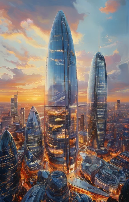 masterpiece,best quality,<lora:tbh304-sdxl:0.9>,illustration,designed by Norman Foster Futuristic skyscraper with organic shapes, inspired by Zaha Hadid, gleaming under a sunset sky