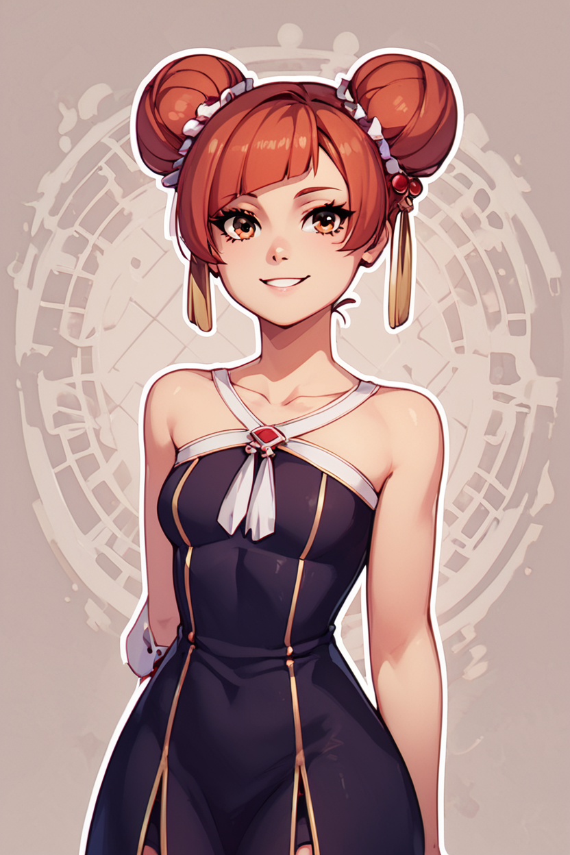 score_9, score_8_up, score_8, medium breasts, (curvy), cute, eyelashes,       BREAK, ,  zzLaufen, hair bun, double bun, red hair, short hair, brown hair, brown eyes, hair ornament, bare shoulders, black dress, collarbone,  <lora:LaufenFrieren_PDXL_v1:0.8>,  , BREAK, smile, looking at viewer, ,,, abstract background, white outline, cowboy shot, ,,, embedding:zPDXL, Expressiveh, ,,, <lora:CatalystStylePDXL:0.6>, <lora:SDXLFaeTastic2400:0.5>, <lora:Expressive_H-000001:0.4>,
