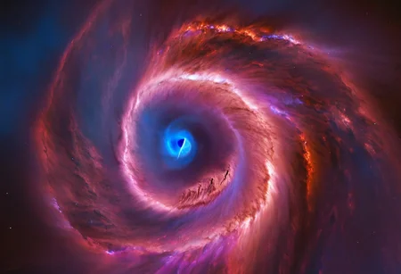 a dynamic and breathtaking image of the universe with vibrant colors and dramatic lighting. Show a swirling nebula in the foreground with bright, intense hues of blue, purple, and pink. In the background, depict a distant galaxy with spiraling arms and scattered stars. Include a supernova explosion, radiating brilliant light, and a mesmerizing black hole at the center, with cosmic debris swirling around it. Add a hint of distant planets and asteroids to create a sense of scale and depth. Make the entire scene feel alive and constantly in motion.