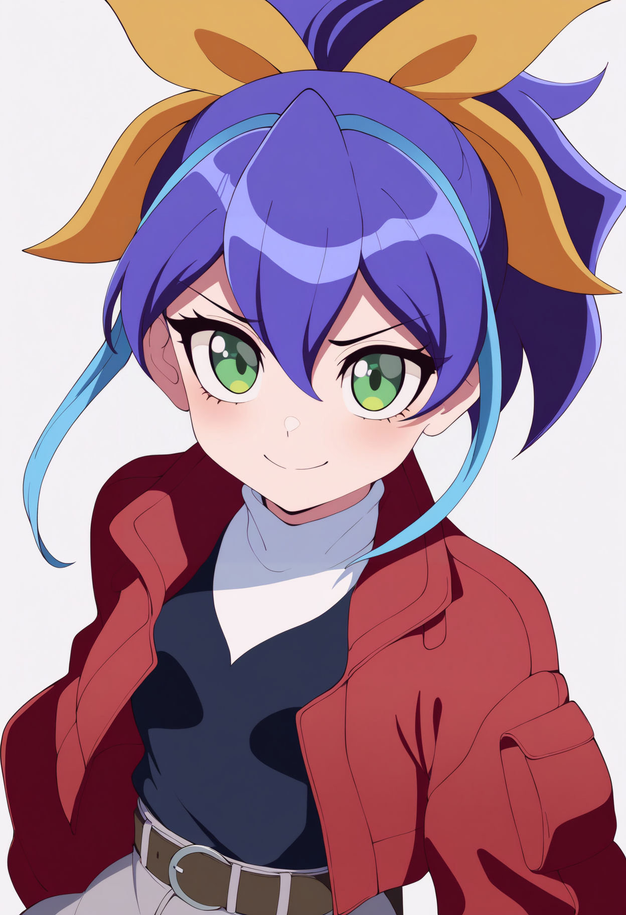 best quality, amazing quality, very aesthetic, absurdres, thick lineart,
1girl, celina, blue hair, ponytail, hair bow, two-tone hair, green eyes,
red jacket, grey skirt, belt,
upper body,
smile, looking at viewer, solo, simple background, white background,  <lora:CelinaSerenaNoobXL_byKonan:1>