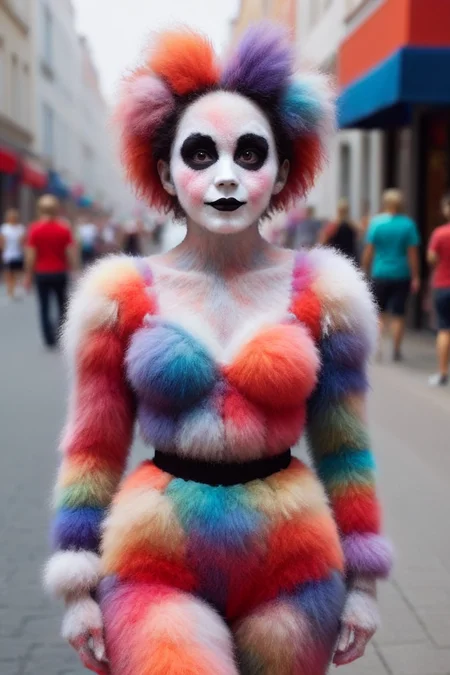 martius_fuzz woman, a mime in the street, colorful <lora:Colorful_Fuzzy_Style:1.25>