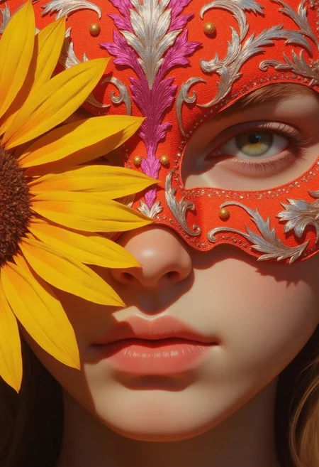 Nixport, a hyper-realistic close-up portrait of a young woman wearing a whimsical avant-garde symmetrical mask crafted from intricately woven netting, adorned with glimmering silver accents and bright orange dots. The mask is outlined in ornate fuchsia embroidery, enhancing its stunning design. A radiant sunflower with vibrant yellow petals subtly obscures part of her face, adding warmth and contrast. Captured from a mid-angle, the composition offers a direct view of her serene expression and the mask’s exquisite detail, softly illuminated by natural light that casts a gentle, inviting ambiance across her features.