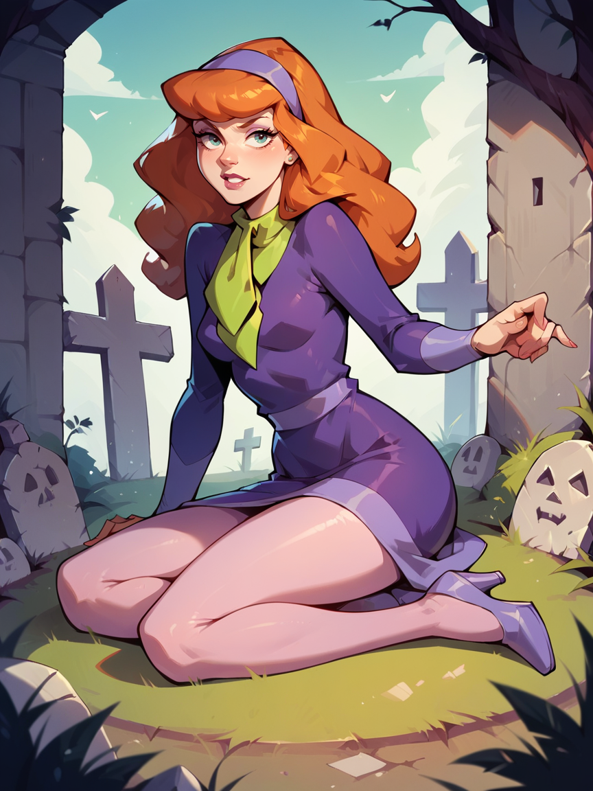 score_9, score_8_up, score_7_up, score_6_up, score_5_up,  <lora:DaphneBlakeXLP:0.7> daphne blake, 1girl, solo, hairband, long hair, pantyhose, orange hair, dress, high heels, graveyard,