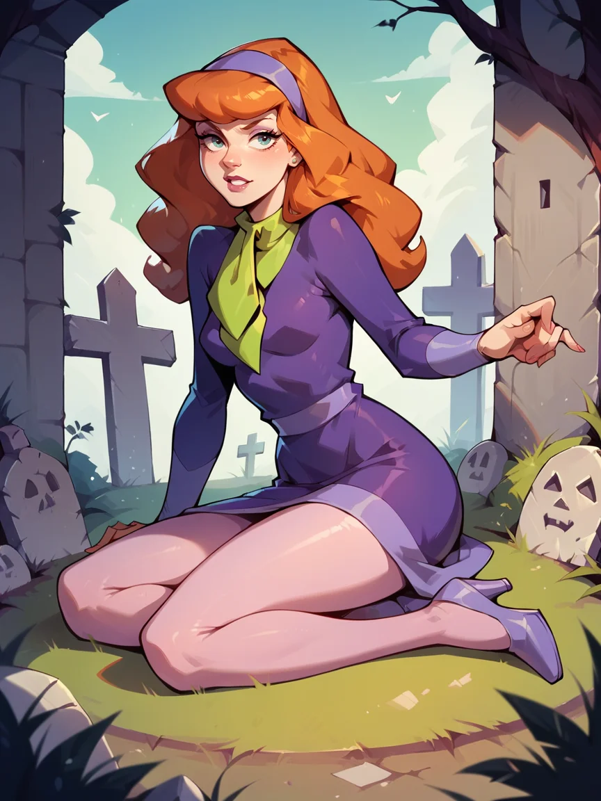 score_9, score_8_up, score_7_up, score_6_up, score_5_up, <lora:DaphneBlakeXLP:0.7> daphne blake, 1girl, solo, hairband, long hair, pantyhose, orange hair, dress, high heels, graveyard,
