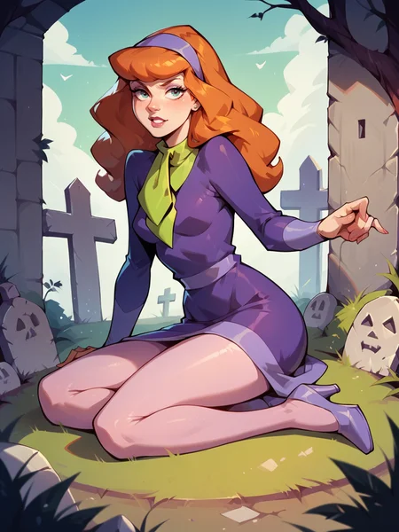score_9, score_8_up, score_7_up, score_6_up, score_5_up, <lora:DaphneBlakeXLP:0.7> daphne blake, 1girl, solo, hairband, long hair, pantyhose, orange hair, dress, high heels, graveyard,