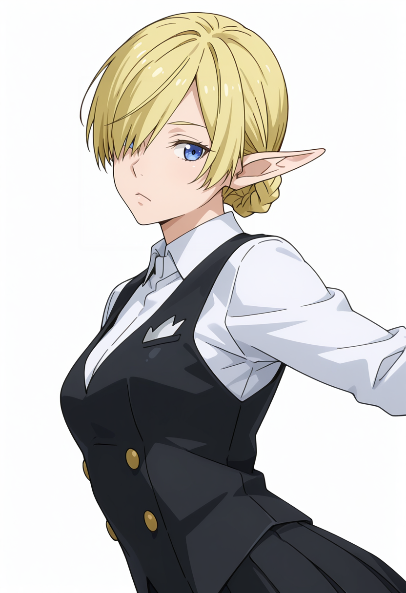 Smooth Quality,masterpiece,very intricate, high quality details, ultra realistic, high detailed skin,detailed enviorement,absurdres, 
simple background, white background, 
dutch angle,dancing,
:<,solo, 
 <lora:Kagali_cnn:0.8> 1girl, short hair, blonde hair, blue eyes, pointy ears, braid, hair over one eye, elf,double-breasted jacket,  ,waistcoat,  ,pleated pants,  ,