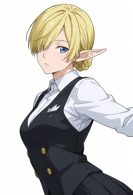 Smooth Quality,masterpiece,very intricate, high quality details, ultra realistic, high detailed skin,detailed enviorement,absurdres, 
simple background, white background, 
dutch angle,dancing,
:<,solo, 
 <lora:Kagali_cnn:0.8> 1girl, short hair, blonde hair, blue eyes, pointy ears, braid, hair over one eye, elf,double-breasted jacket,  ,waistcoat,  ,pleated pants,  ,