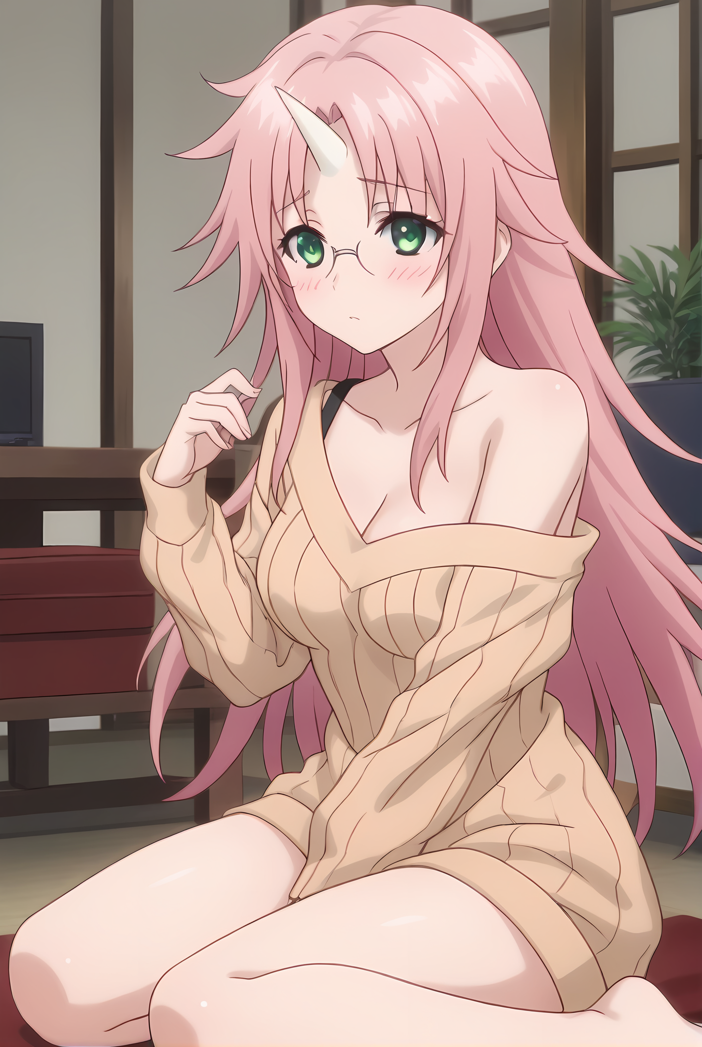 (sweater off shoulder:1.40), ys-nonko, pink hair, long hair, green eyes, glasses,
1girl, solo, skinny, score_9, score_8_up, score_8, score_7_up, score_7, score_6_up, score_6, score_5_up, score_5, source_anime,
(blush:1.10),
living room,
(:1.20), feet,
<lora:ys-nonko-V01-000004:0.80>, (medium breasts), single horn