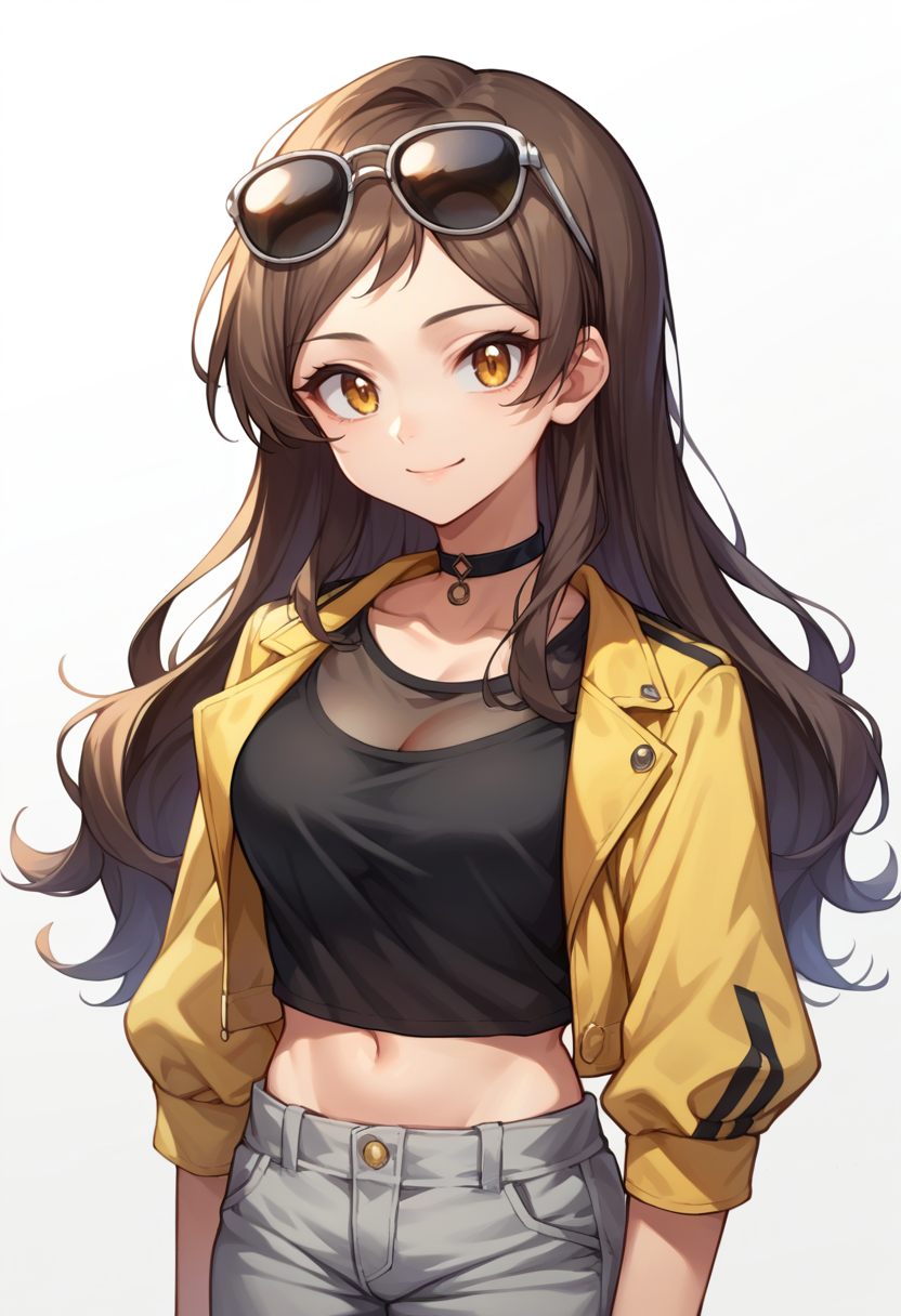 score_9, score_8_up, source_anime, 1girl, solo, KitazawaShiho, long hair, black shirt, upper body, eyewear on head, sunglasses, grey pants, midriff, see-through cleavage, yellow jacket, black choker, smile, simple background, white background, <lora:ChamKitazawaShihoPonyXL-000007:1>