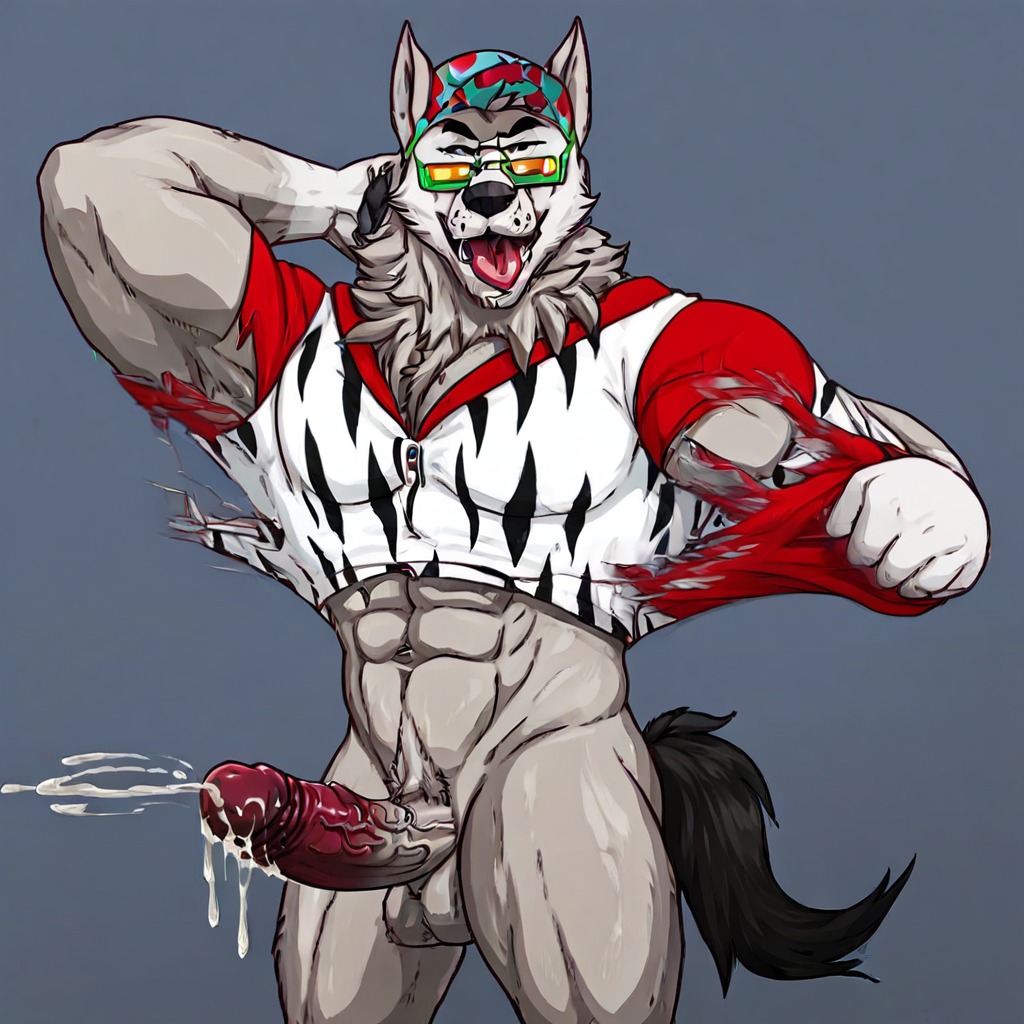 holding shampoo bottle, shirtless, clouds, lowering sun glasses, male, chumbasket art style, grey background, veiny penis, shirt pulled up some, k9 hand, presenting neck, cum strands, Shadow on the wall, pectoral veins, Tongue out, looking at viewer, human genitals, standing, cum, toned muscular legs, presenting abs to viewer, manly chest outline on shirt, tail up, presenting penis, ripping shirt, detailed abs, Bara, muscular neck, arm behind head, bed, shirt pulled over chest, zebra print, penis out
