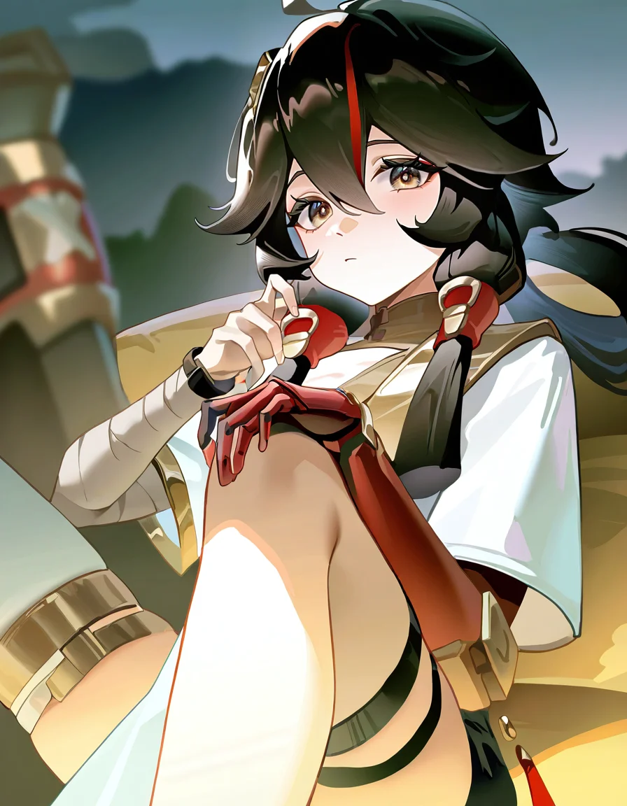 bedroom,upper body,
<lora:changan_noob:1>,huanxing-changan,1girl,solo,thighhighs,looking at viewer,black hair,long hair,bandages,brown eyes,hair between eyes,bangs,ahoge,single thighhigh,bandaged arm,brown hair,mechanical arms,
masterpiece,best quality,very aesthetic,absurdres,