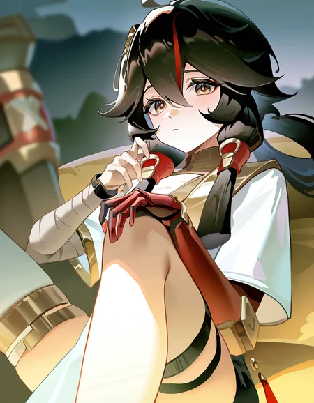 bedroom,upper body,
<lora:changan_noob:1>,huanxing-changan,1girl,solo,thighhighs,looking at viewer,black hair,long hair,bandages,brown eyes,hair between eyes,bangs,ahoge,single thighhigh,bandaged arm,brown hair,mechanical arms,
masterpiece,best quality,very aesthetic,absurdres,