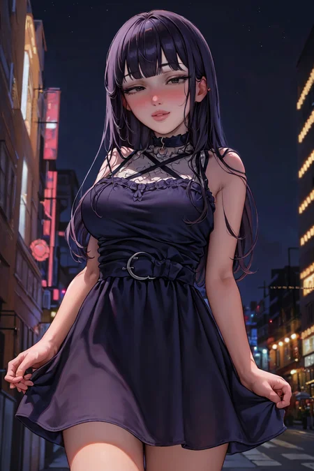 (aromasensei:1.3), best quality, masterpiece, detailed background, highly detailed, intricate, detailed face, long eyelashes, detailed eyes, (standing, pose:1.1), (cowboy shot:1.3), (portrait:1.2), (thick thighs:1.0), (large breasts:1.0), (city, night, dark sky:1.3),

(one girl, 1girl:1.1), (solo:1.3), (black eyes:1.2), (black hair:1.1), (straight hair, blunt bangs, long hair:1.2), (thick lips:1.3), (choker:1.1), (pale skin:1.0),

(gothic dress:1.3),

(light smile, blush, nose blush:1.1), (half-closed eyes:1.2), <lora:AromaStyle-V7:1>