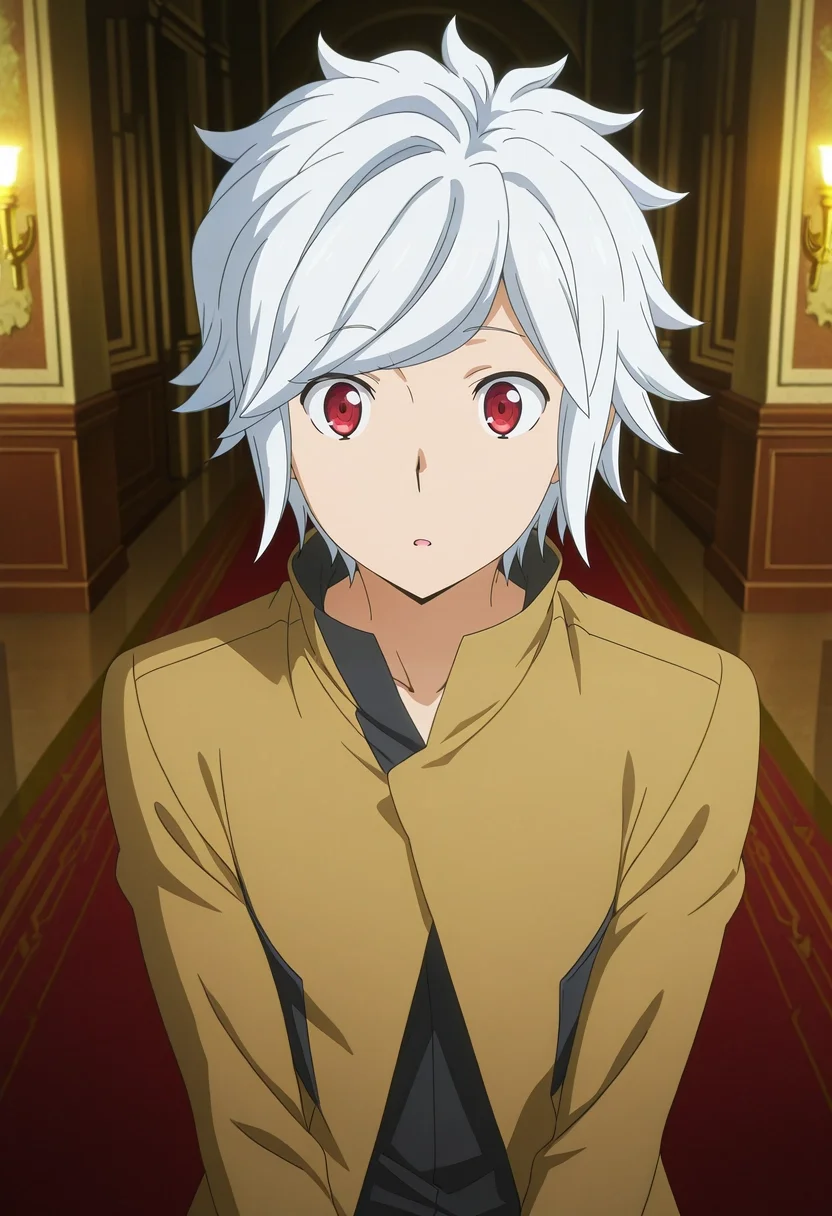 masterpiece, best quality, , anime screencap, anime coloring, official style, , 1boy, solo, male focus, <lora:bell_cranel_ilxl:0.98>, bell_cranel, white hair, red eyes, short hair, museum hall, ancient artifacts, glowing exhibits, polished floors, admiring pose, awestruck expression, academic lighting,
