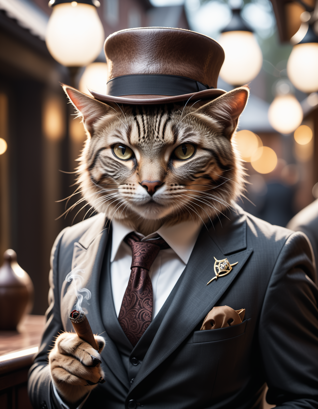 cinematic film still ((BBC Style)) picture of an cat mobster in (wildlife) , smoking his cigar . shallow depth of field, vignette, highly detailed, high budget, bokeh, cinemascope, moody, epic, gorgeous, film grain, grainy, high quality photography, 3 point lighting, flash with softbox, 4k, Canon EOS R3, hdr, smooth, sharp focus, high resolution, award winning photo, 80mm, f2.8, bokeh