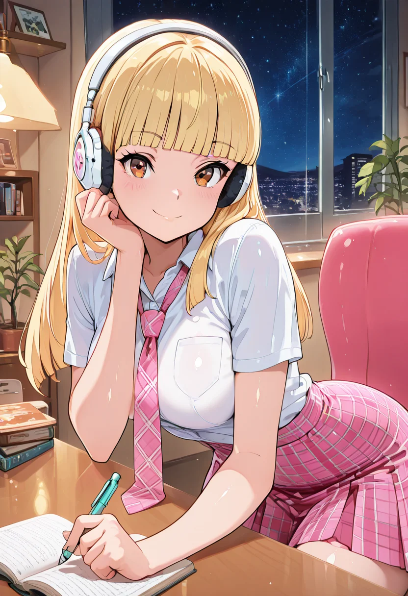 masterpiece, best quality, solo, curvy, beautiful eyes, narrow waist, wide hips, 1girl, solo, smile, looking at viewer, foreshortening, close up,  anime screenshot,    zzPearlCitron, brown eyes, blonde hair, long hair, straight hair, blunt bangs,   white headphones, pink necktie, collard shirt, white shirt, plaid skirt, pink skirt, shirt tucked in,   ,<lora:PearlRakuCitronOC_IXL:1.0>,  , zzLofi, sitting, side view, desk, chair, book, bookshelf, head rest, holding, holding pen, lamp, night, open book, pen, plant, potted plant, sky, star (sky), starry sky, window, windowsill, writing, <lora:LofiGirl_Style_IXL:0.8>,