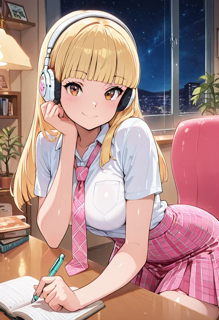 masterpiece, best quality, solo, curvy, beautiful eyes, narrow waist, wide hips, 1girl, solo, smile, looking at viewer, foreshortening, close up, anime screenshot, zzPearlCitron, brown eyes, blonde hair, long hair, straight hair, blunt bangs, white headphones, pink necktie, collard shirt, white shirt, plaid skirt, pink skirt, shirt tucked in, ,<lora:PearlRakuCitronOC_IXL:1.0>, , zzLofi, sitting, side view, desk, chair, book, bookshelf, head rest, holding, holding pen, lamp, night, open book, pen, plant, potted plant, sky, star (sky), starry sky, window, windowsill, writing, <lora:LofiGirl_Style_IXL:0.8>,