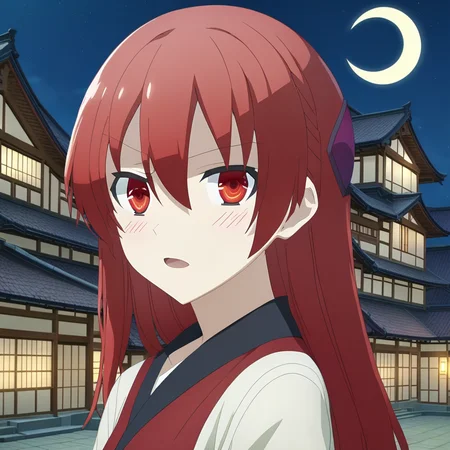 score_9, score_8_up, score_7_up, source_anime, rating_safe, , (3d:0.4), 1girl, solo, tsukasa_yuzaki, red hair, red eyes, long hair, hair between eyes, bangs, close-up, town, japanese architecture, night, crescent moon, one leg up, speaking, talking,
