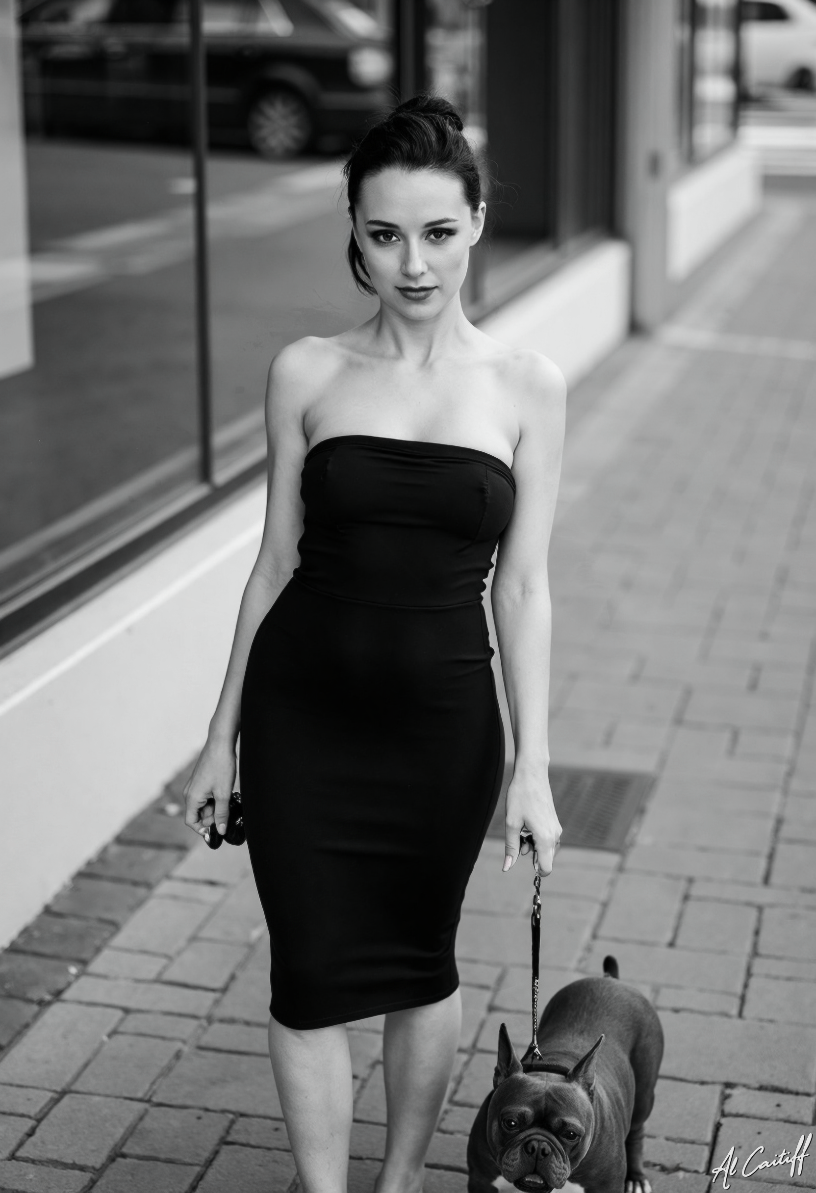 Black and white picture. High-angle shot, 35mm fisheye lens with pronounced barrel distortion, moderate motion blur on pavement, deep f/5.6 depth of field. A black-and-white city street scene with warm monochromatic tones. A woman with a slender, athletic build stands tall on a brick sidewalk, wearing a strapless black evening gown and a high black pencil skirt that falls just above her knees. Her dark hair is styled in a sleek updo, and her facial features are angular and refined. She holds a leash with a small, sleek French bulldog at the other end, which is standing calmly beside her. The woman's gaze is directed straight ahead, her expression enigmatic. Artistic style is cinematic with a touch of surrealism, evoking a dreamlike atmosphere., AiArtV<lora:Flux/Teste/15-nsfw_flux_lora_v1.safetensors:0.5:0.5> <lora:CustomFlux/MysticXXX-v3.safetensors:1.0000000000000002:1.0000000000000002>