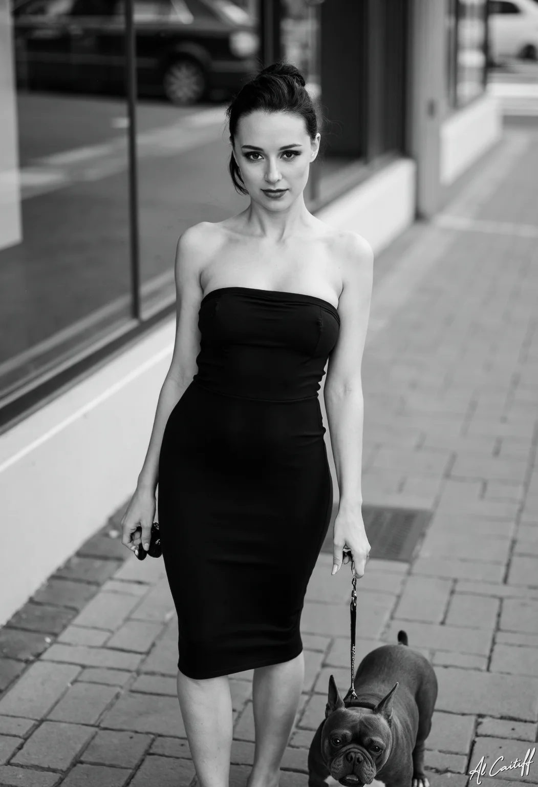 Black and white picture. High-angle shot, 35mm fisheye lens with pronounced barrel distortion, moderate motion blur on pavement, deep f/5.6 depth of field. A black-and-white city street scene with warm monochromatic tones. A woman with a slender, athletic build stands tall on a brick sidewalk, wearing a strapless black evening gown and a high black pencil skirt that falls just above her knees. Her dark hair is styled in a sleek updo, and her facial features are angular and refined. She holds a leash with a small, sleek French bulldog at the other end, which is standing calmly beside her. The woman's gaze is directed straight ahead, her expression enigmatic. Artistic style is cinematic with a touch of surrealism, evoking a dreamlike atmosphere., AiArtV<lora:Flux/Teste/15-nsfw_flux_lora_v1.safetensors:0.5:0.5> <lora:CustomFlux/MysticXXX-v3.safetensors:1.0000000000000002:1.0000000000000002>