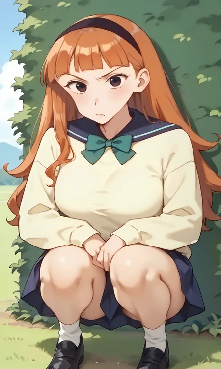 (1girl:1.5), (solo:1.3), (score_9, score_8_up, score_7_up, score_6_up, score_5_up, score_4_up), (source_anime), rating_questionable, looking at viewer, (upper body:1.3), blue sky, outdoors, (bush, peeking out, hiding in the grass and observing:1.5),
(yellow sweater, oversized clothes, long sleeves, blue sailor collar, green bowtie, blue skirt, pleated skirt, miniskirt, white socks, black footwear), (large breasts), <lora:mari-classmate-orange_v1:0.9> (mari-classmate-orange), (black eyes, eyelashes, orange hair, long hair, curly ends hair, voluminous hair, blunt bangs, no sidelocks, black simple hairband, frown, angry),
squatting,