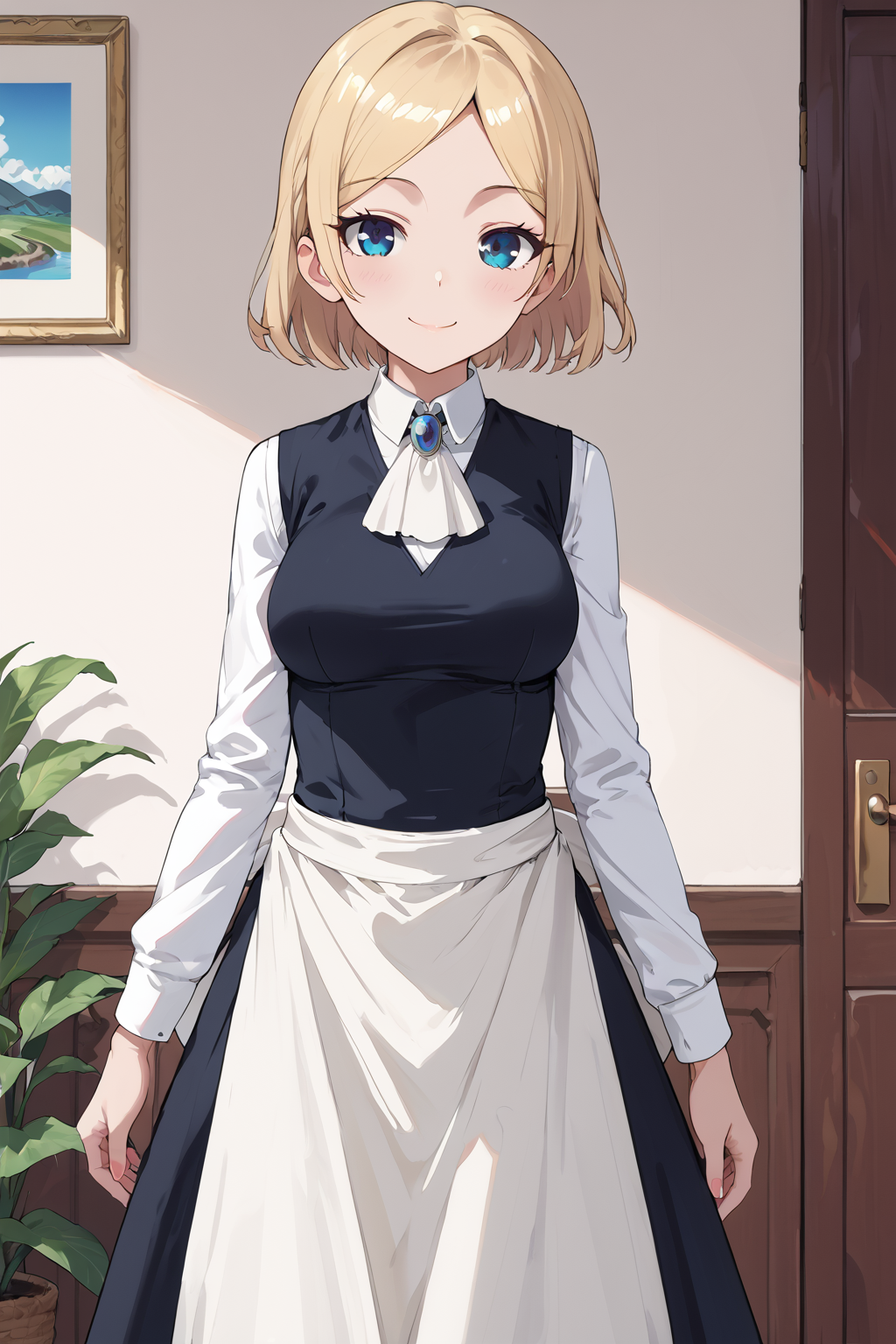 score_9, score_8_up, score_7_up, , source_anime, BREAK, hayasakamama, 1girl, solo, blonde hair, blue eyes, looking at viewer, short hair,  waist apron, black dress, white shirt, maid,, white ascot, white apron, , vest, blue brooch, smile   <lora:hasakamama_pony-000009:1> long sleeves, medium breasts,  black skirt,  cowboy shot,