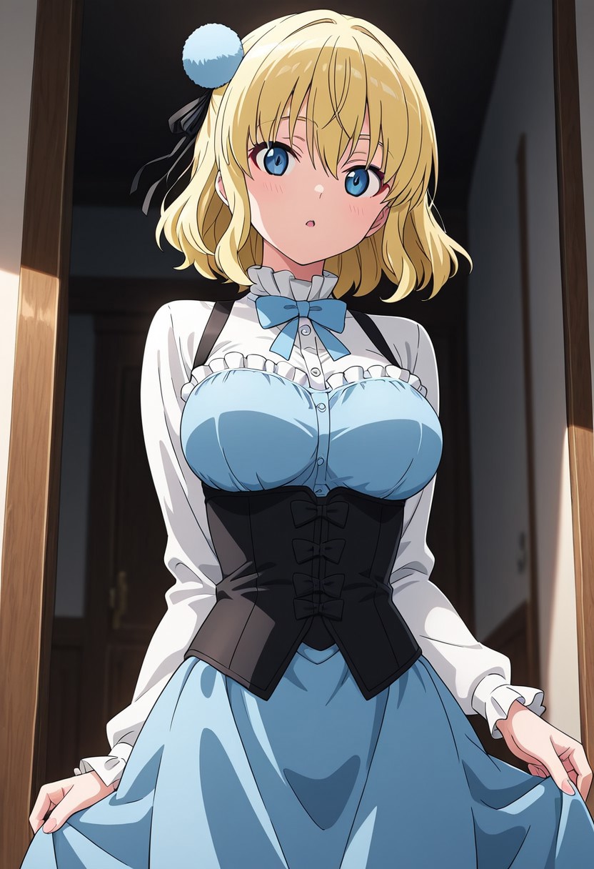 masterpiece, best quality, amazing quality,1girl, solo, BREAK
ari4,blonde hair,short hair, hair ornament, blue eyes,dress,bowtie,
BREAK
,cowboy shot