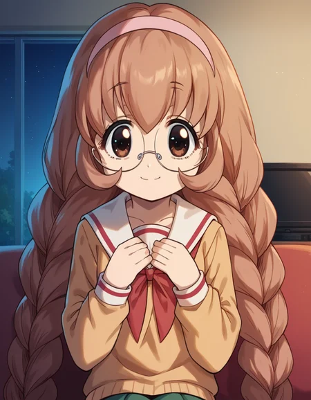 score_9, score_8_up, score_7_up, source_anime, <lora:mimi-usa-s1-ponyxl-lora-nochekaiser:1>, mimi usa, long hair, brown hair, brown eyes, very long hair, braid, hairband, glasses, twin braids,, school uniform, serafuku, long sleeves,, living room, television, couch, popcorn, watching movie, night time, sitting,, smile, hands on own chest,, looking at viewer, solo,, dutch angle, cowboy shot