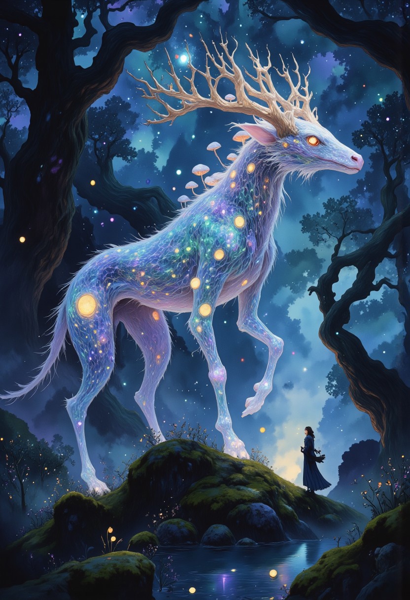 In the heart of an ancient, mystical forest, bathed in the eerie glow of a moon concealed behind thick, swirling clouds, strides a colossal dragonhound with translucent beautiful woven antler. Its massive paws thunder across the moss-covered ground as it moves effortlessly through the landscape, its transparent body nearly vanishing in the vast expanse of stars above. The creature’s form is translucent, barely visible against the endless cosmic canvas, with starlight piercing through its ethereal silhouette, casting a soft glow from within. The dragonhound’s faintly shimmering body takes on hues of deep blue and violet, refracting the distant starlight as it moves.
Soft, iridescent mushrooms, glowing faintly in deep purple and emerald hues, sprout from the back of the massive beast, casting brief flickers of light that dance across the shadows of the forest floor. Its eyes, luminous and full of ancient wisdom, gleam as they gaze out from the shifting form, reflecting the brilliance of distant galaxies.
The forest around it stretches endlessly, a labyrinth of twisted, ancient trees wrapped in dark, velvety moss, their branches reaching toward the sky like shadowed fingers. Hints of deep turquoise and dark purple swirl in the air, blending into the atmosphere, as though the entire realm is bathed in a palette of deep, enchanted twilight. The dragonhound’s silhouette moves gracefully through this dreamlike landscape, a serene giant in the midst of the cosmic night.