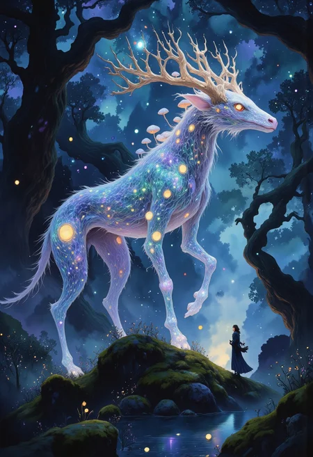 In the heart of an ancient, mystical forest, bathed in the eerie glow of a moon concealed behind thick, swirling clouds, strides a colossal dragonhound with translucent beautiful woven antler. Its massive paws thunder across the moss-covered ground as it moves effortlessly through the landscape, its transparent body nearly vanishing in the vast expanse of stars above. The creature’s form is translucent, barely visible against the endless cosmic canvas, with starlight piercing through its ethereal silhouette, casting a soft glow from within. The dragonhound’s faintly shimmering body takes on hues of deep blue and violet, refracting the distant starlight as it moves.
Soft, iridescent mushrooms, glowing faintly in deep purple and emerald hues, sprout from the back of the massive beast, casting brief flickers of light that dance across the shadows of the forest floor. Its eyes, luminous and full of ancient wisdom, gleam as they gaze out from the shifting form, reflecting the brilliance of distant galaxies.
The forest around it stretches endlessly, a labyrinth of twisted, ancient trees wrapped in dark, velvety moss, their branches reaching toward the sky like shadowed fingers. Hints of deep turquoise and dark purple swirl in the air, blending into the atmosphere, as though the entire realm is bathed in a palette of deep, enchanted twilight. The dragonhound’s silhouette moves gracefully through this dreamlike landscape, a serene giant in the midst of the cosmic night.