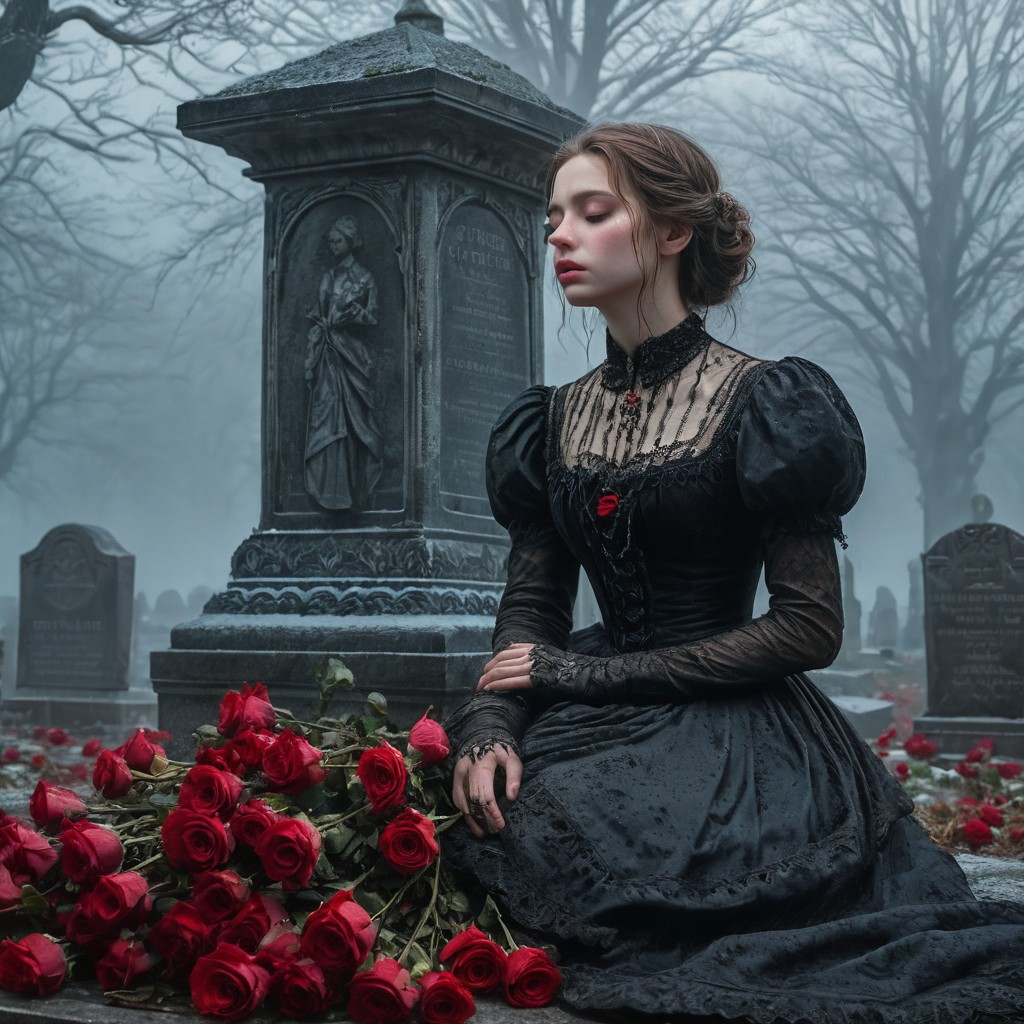 epiCRealism, masterpiece, highly detailed, one girl, pale and delicate, mourning in front of a tomb in a frozen winter morning, mist still clings to the ground while a timid Sun rises on the horizon, a bright red bouquet of roses lays on the tombstone, she wears a highly detailed black laced Victorian dress and sits on the earth in front of the tomb, the skirt spreads around her, view from the side, a small tear drops through her cheek,