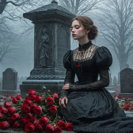 epiCRealism, masterpiece, highly detailed, one girl, pale and delicate, mourning in front of a tomb in a frozen winter morning, mist still clings to the ground while a timid Sun rises on the horizon, a bright red bouquet of roses lays on the tombstone, she wears a highly detailed black laced Victorian dress and sits on the earth in front of the tomb, the skirt spreads around her, view from the side, a small tear drops through her cheek,