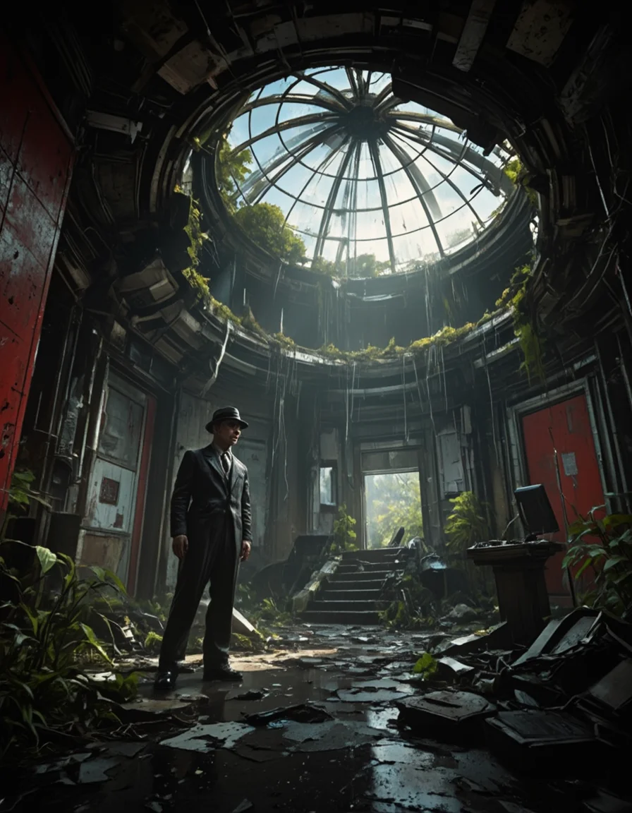 <lora:SWL_Stations1v2flux:1> loststin, indoors, dark, door, station, messy, wet, lost, sunlight, mist, stairs, skylight, office, sun shades, under a broken dome, 1940's dressed man with a hat, cyberpunk, photo, shattered, cracked walls, collapsed, vegetation, red