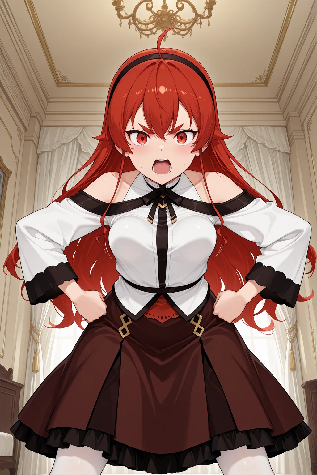 beautiful detailed eyes, masterpiece, best quality, intricate details, absurdres,
1girl, solo,
<lora:P-IL-ErisGreyrat:1>, 3r1s, red hair, long hair, ahoge, red eyes, bangs, hair between eyes, thick eyebrows,
hairband, black hairband,
white shirt, long sleeves, brown skirt, pantyhose, white pantyhose, bare shoulders,
small breasts, angry, open mouth, looking at viewer, hands on hips,
((breasts in motion)), dynamic pose, intense movement, action shot, motion blur, (bouncy:1.3), (bouncing breasts:1.2), tight outfit, dramatic perspective,
royal bedroom, opulent decor,
canopy bed, gold accents, ornate carvings,