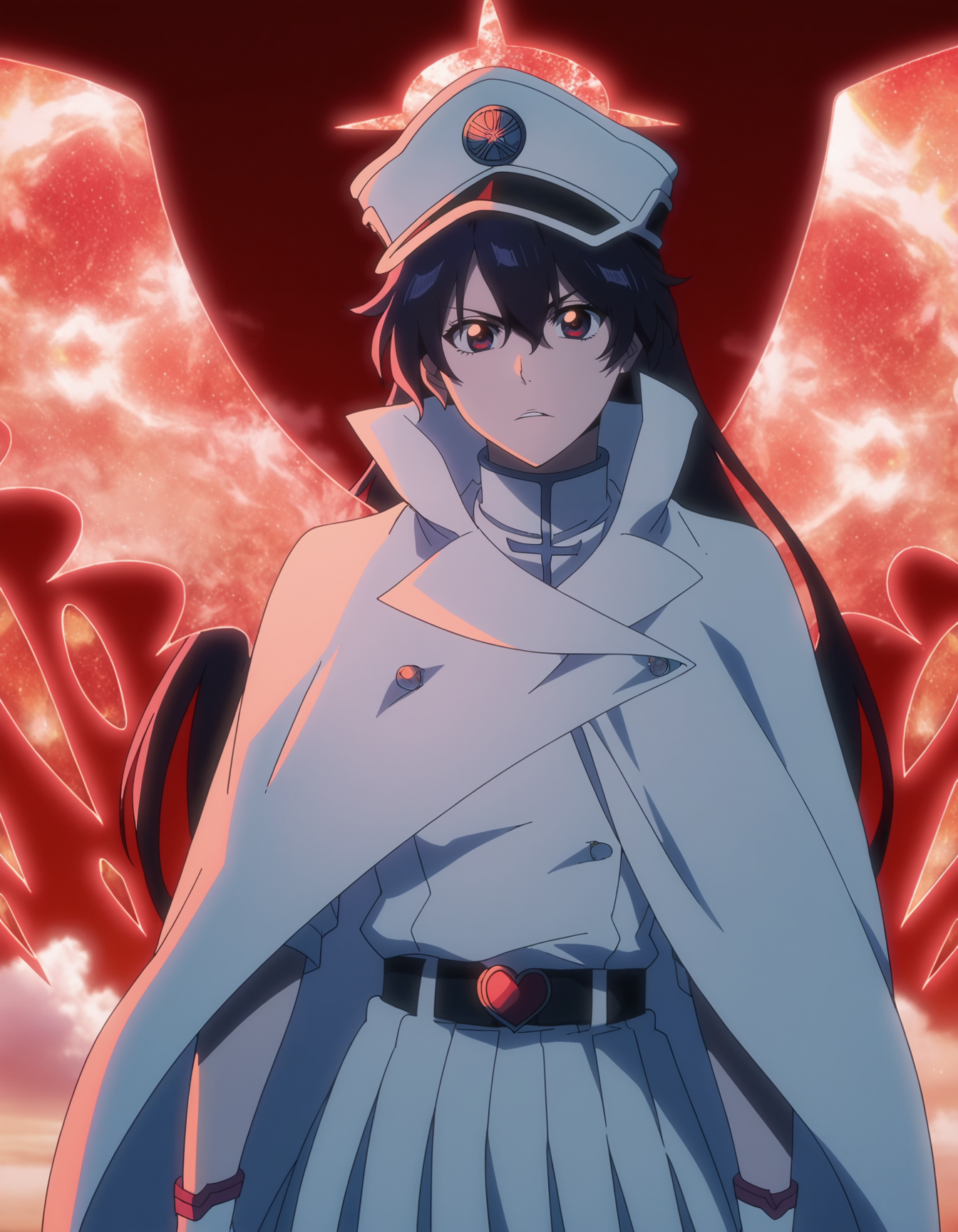 score_9, score_8_up, score_7_up, source_anime,anime screencap,anime coloring,
uncensored,
bambietta,1girl, long hair,hair between eyes,bangs,black hair,
military uniform,hat,gloves,skirt,cape,pleated skirt,high collar,wings,large breasts, 
standing, looking at viewer, cowboy shot, upper body, 
perfect anatomy,
scenery, outdoors, red sky, night,
  <lora:Bambietta Basterbine [Bleach] for PONY_epoch_15:1>
