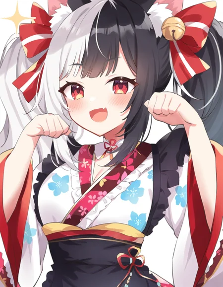 <lora:ririka:1>,breasts,narrow waist,cleavage,1girl,solo,long hair,looking at viewer,blush,smile,open mouth,simple background,black hair,long sleeves,hair ornament,white background,red eyes,bow,animal ears,very long hair,twintails,upper body,white hair,multicolored hair,:d,hair bow,frills,japanese clothes,virtual youtuber,fang,wide sleeves,kimono,two-tone hair,apron,red bow,animal ear fluff,hands up,fox ears,sparkle,bell,floral print,jingle bell,white kimono,paw pose,striped bow,hair bell,split-color hair,black apron,, masterpiece, best quality, very aesthetic, absurdres,newest, incredibly absurdres,