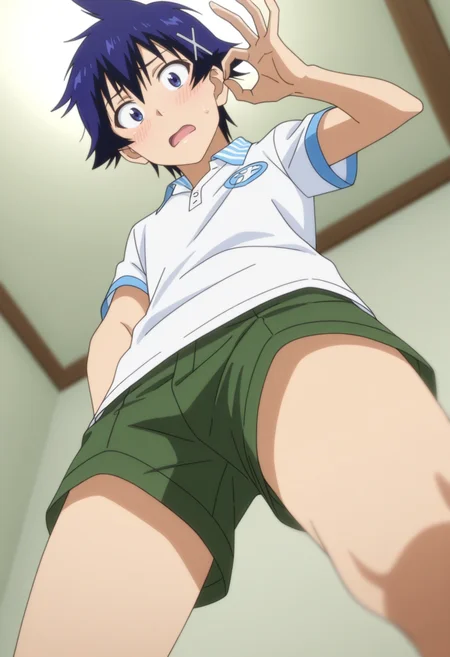 masterpiece, best quality, amazing quality,high resolution, intricate details,depth of field, anime screencap , , , 1boy, solo, male focus,  <lora:Raku_Ichijou:0.76>, raku ichijou, blue hair, blue eyes, short hair, hairclip, shirt, striped collar, short sleeves , short pants, pose, from below ,open mouth ,ok sign, shy, looking at viewer